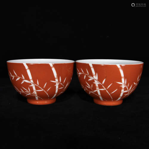 清雍正矾红留白竹纹碗