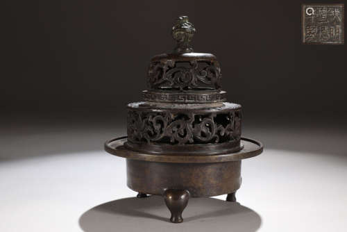 旧藏大明宣德款精铸铜胎分体式鼎式熏炉