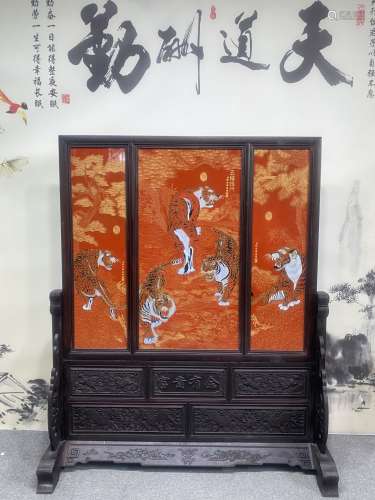 红木镶瓷板画珐琅掐丝五福临门插屏隔断屏风