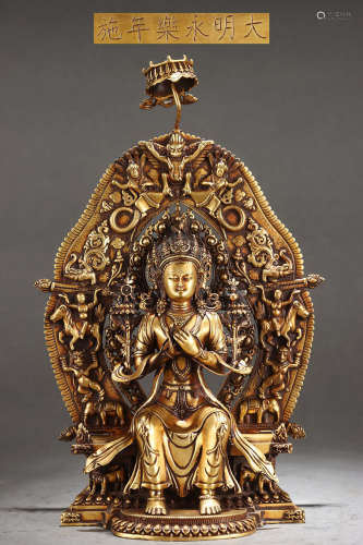 旧藏大明永乐款精铸紫铜胎鎏金弥勒菩萨坐像