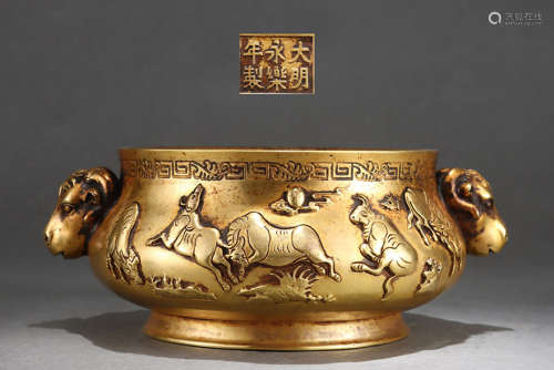 旧藏大明永乐款精铸紫铜胎鎏金五牛图牛首耳炉