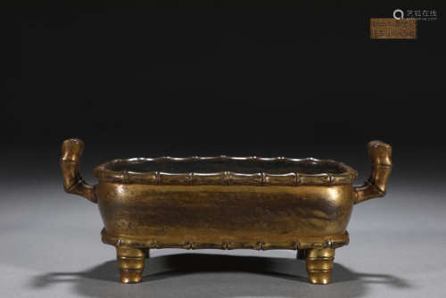 旧藏大明景泰款精铸铜胎鎏金四方竹节炉