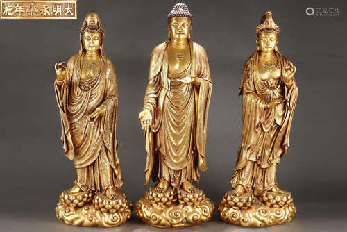 旧藏大明永乐款精铸紫铜胎鎏金西方三圣立像摆件一组