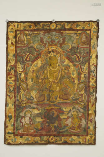 14-15世纪 白度母唐卡 背书朱砂藏文 棉布面金彩