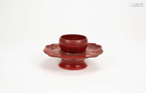 Qing - A Red Lacquer Glit - Flower Tea Cup Holder