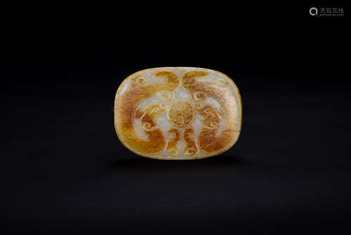 Qing - A Russet White Jade Carved ‘ Two Chilong Holding Shou...