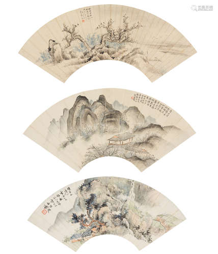 Republic-Zhang Bai Yu, Zhao Songtao, He Gu (Three Fan painti...