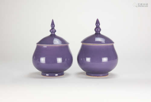 A Pair Of Purple Glazed Chess Jars