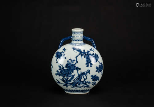 Qing - A Blue And White ‘Magpie And Plum Bossom’ Moonflask