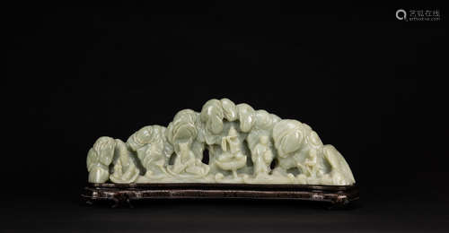 Qing - A Greenish White Jade Carved ‘Eight Immortals In Land...