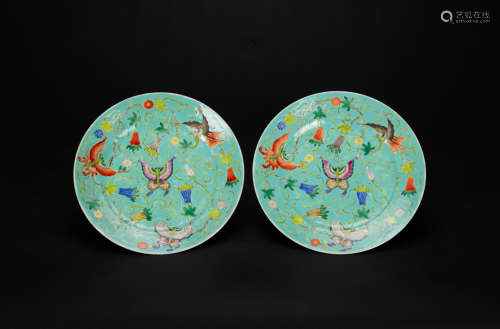 Late Qing - A Pair Of Teal Green Ground ‘Butterfly’ Dishes