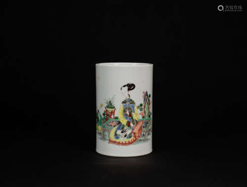 Qing - A Famille-Glazed ‘Figures, Poetry’ Brush Pot.