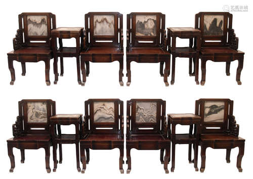 Qing - A Set Of Mahogany Marble - Inlaid Armchairs And Stand...