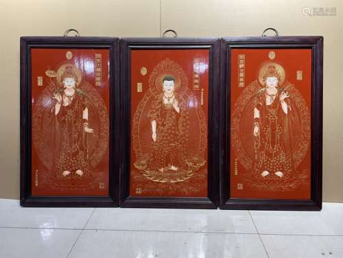 红木镶瓷板画掐丝人物西方三圣挂屏