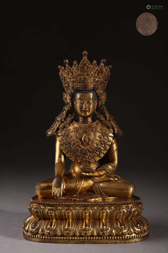 旧藏大清乾隆年敬造款精铸铜胎鎏金释迦牟尼佛等身像