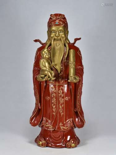 清雍正雕塑瓷矾红釉鎏金雕刻天官赐福福星