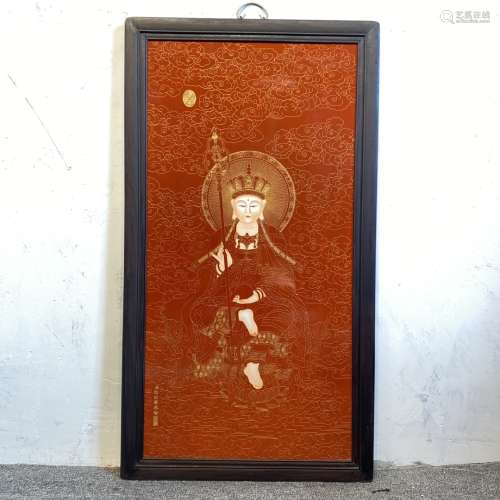 红木镶瓷板画珐琅掐丝地藏王中堂挂屏