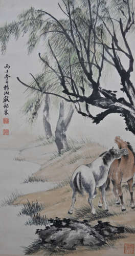 殷梓湘（1909-1984） 柳荫双骏 立轴