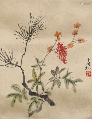 黄宾虹 花卉 绫本设色镜片