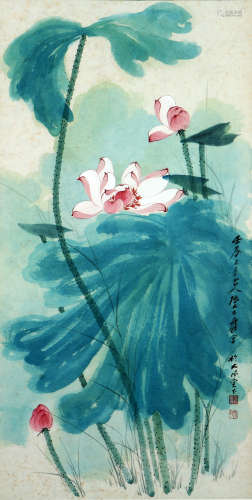 张大千（款） 1899-1983 彩荷