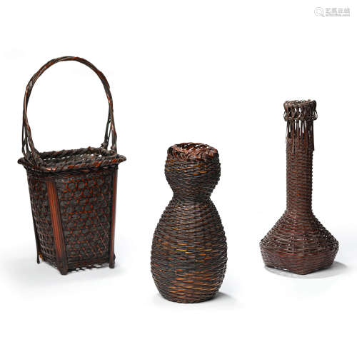 Set Of Three Bamboo Woven Floral Vases