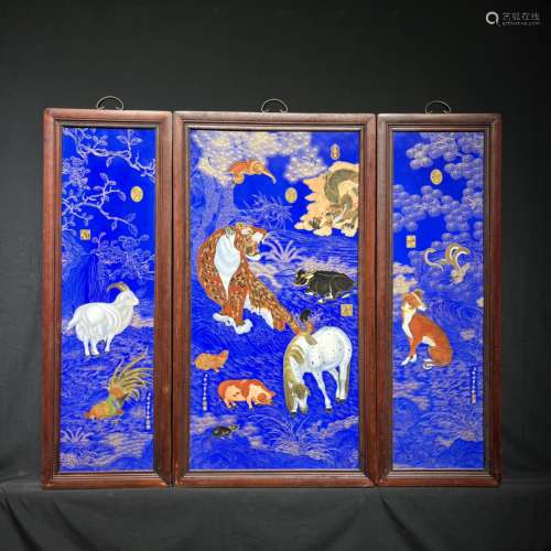 红木镶瓷板画珐琅掐丝十二生肖中堂三件套挂屏