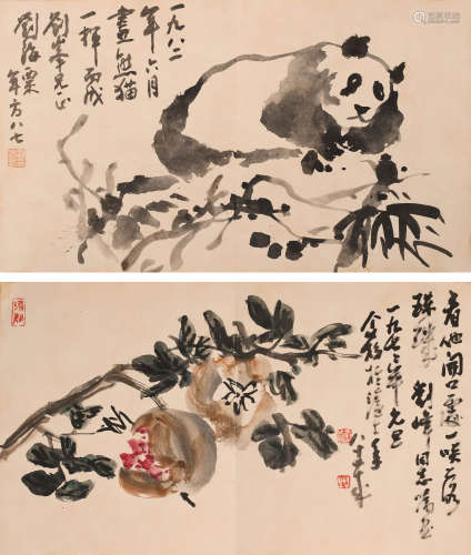 王个簃(1897-1988)、刘海粟(1896-1994) 花卉二帧