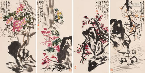 王个簃 (1897-1988) 花卉四屏