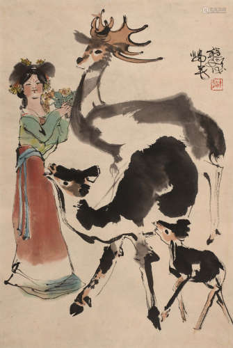 程十发 (1921-2007) 少女与鹿