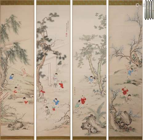 陳林斎 四季小兒遊戲図 四幅 設色紙本