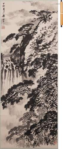 梁樹年 松瀑図 水墨紙本