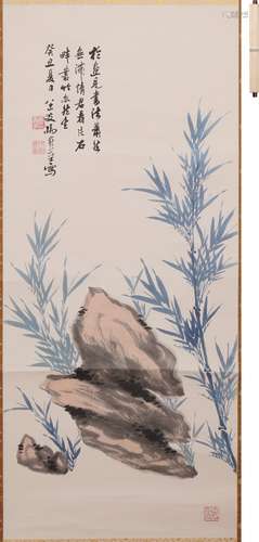 馬壽華 竹石図 設色紙本