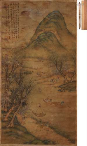 楊念伯（清） 漁家樂山水図  設色絹本