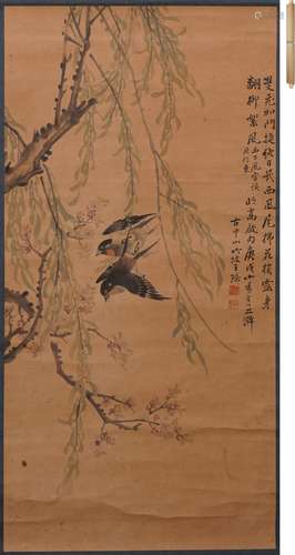 王璪 柳雀図 設色紙本