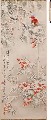 江載曦 瑞雪幽禽図 設色紙本