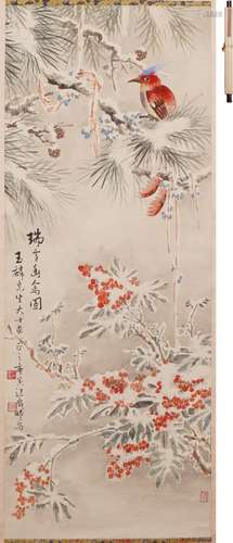 江載曦 瑞雪幽禽図 設色紙本