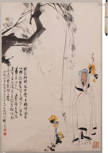 劉旦宅 花卉人物図 設色紙本