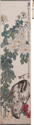 白龍山人王震 鳥菊花図 梅光署題 設色紙本
