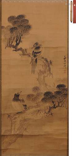 方西園 雙鳥図 水墨紙本
