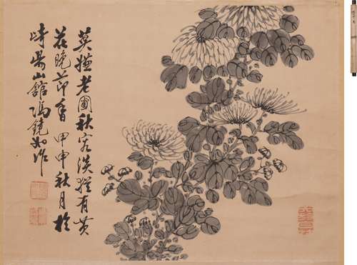 馮鏡如 菊図 水墨紙本