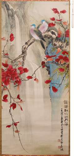 孔之昭 花鳥図大幅 設色紙本
