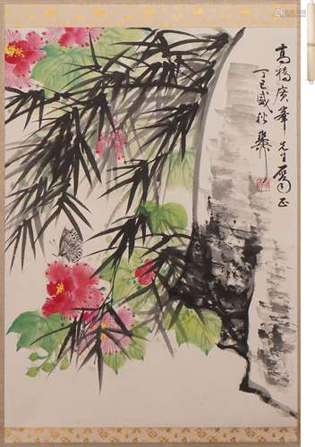 謝稚柳 花蝶図
 設色紙本