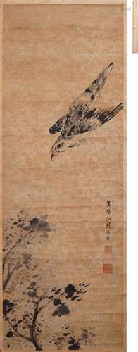 李承喆 松鷹図 火漆有 水墨紙本