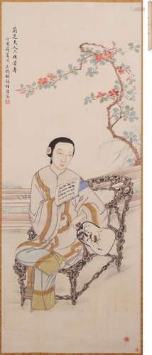 胡錫珪 蘭芝夫人讀書図 設色紙本