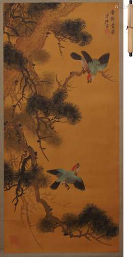溥佐 花鳥 設色絹本