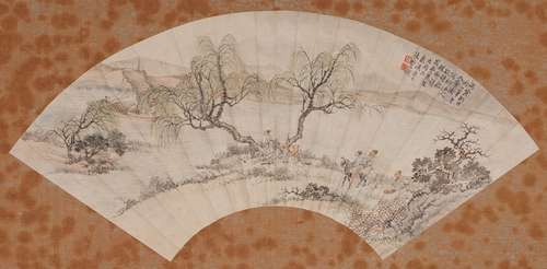 張望鋆 柳下人物図扇面 設色紙本