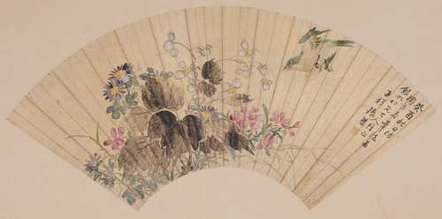 張熊 花鳥図扇面 設色撒金