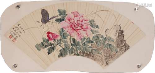 陸抑非 花蝶扇面 設色紙本