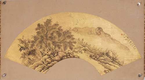 柳子穀 山中風景図扇面 水墨紙本