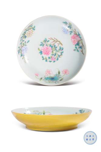 A YELLOW-GROUND FAMILLE-ROSE‘FLOWER’DISH,MARK AND PERIOD OF ...